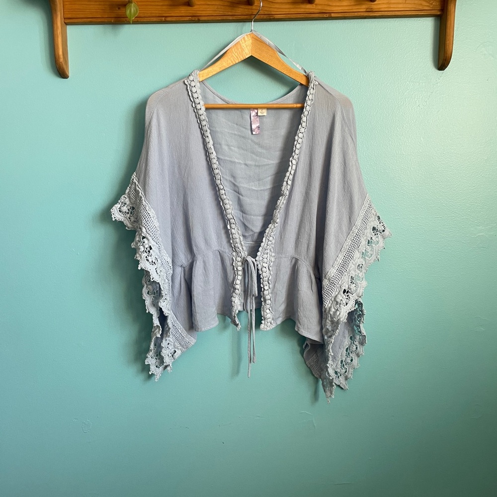 Women's Light Blue Lace Trim Tie Top
